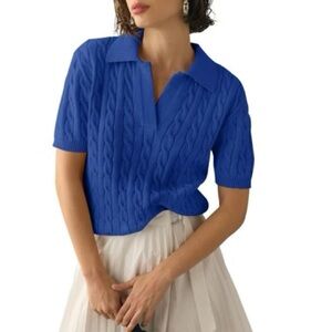 Short Sleeve Sweater Top - Cable Knit Casual Summer V Neck Polo